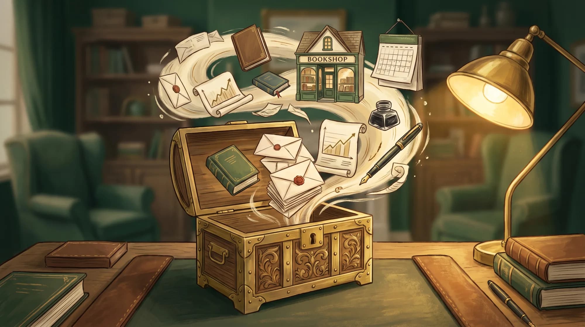 An author's entire business unfolding from one box — books, storefront, email, ads, and calendar in one place