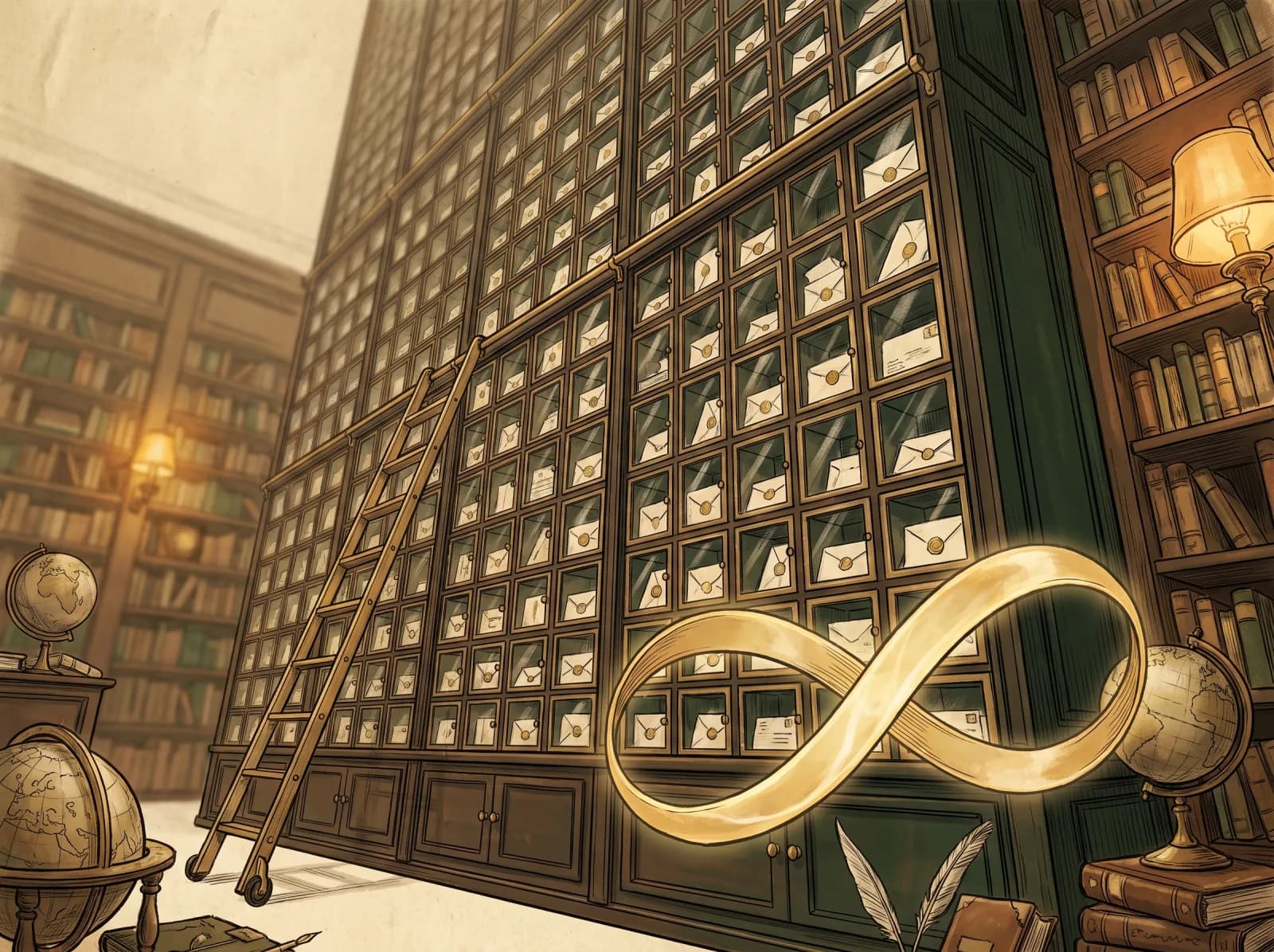 An endless wall of pigeonholes filled with sealed letters — unlimited subscribers