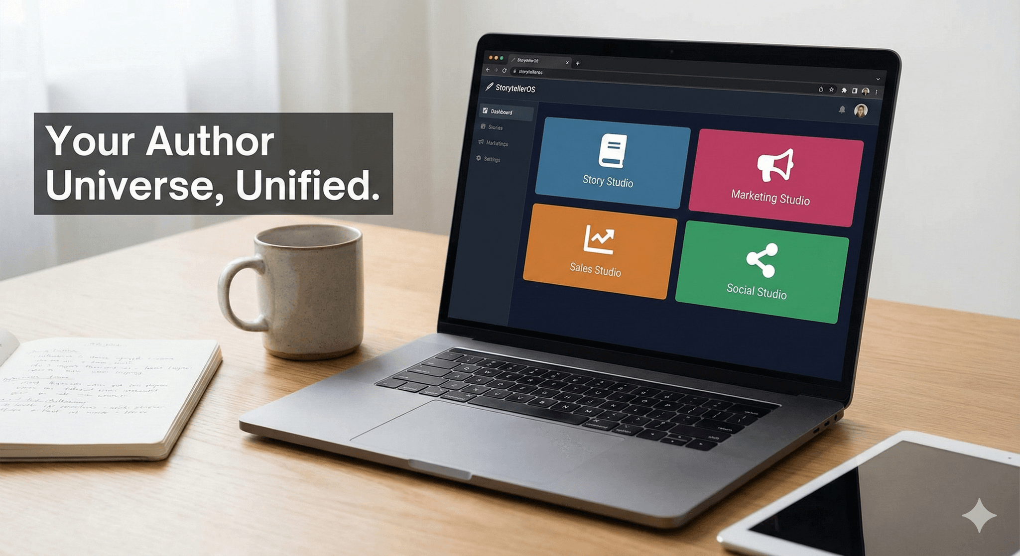 StorytellerOS dashboard with writing, marketing, and sales features
